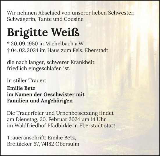 Traueranzeige von Brigitte Weiß von GESAMT