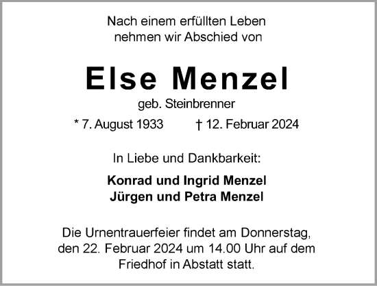 Traueranzeige von Else Menzel von GESAMT