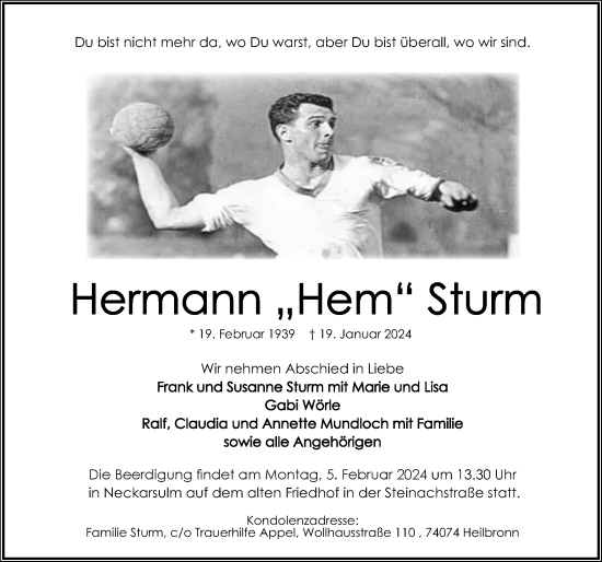 Traueranzeige von Hermann Sturm von GESAMT