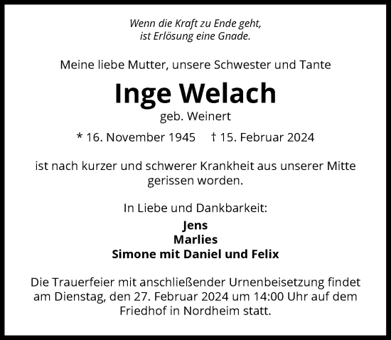 Traueranzeige von Inge Welach von GESAMT