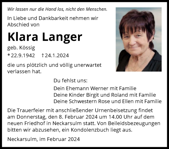Traueranzeige von Klara Langer von GESAMT