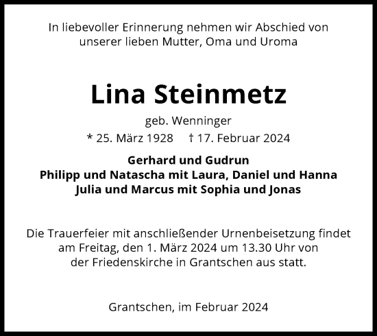 Traueranzeige von Lina Steinmetz von GESAMT