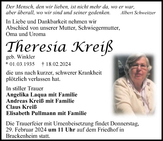 Traueranzeige von Theresia Kreiß von GESAMT