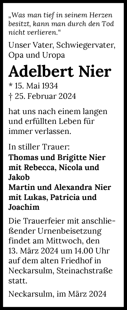 Traueranzeige von Adelbert Nier von GESAMT