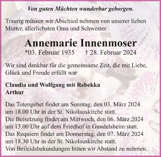 Traueranzeige von Annemarie Innenmoser von GESAMT