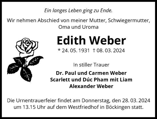 Traueranzeige von Edith Weber von GESAMT