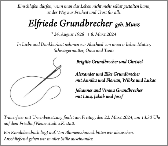 Traueranzeige von Elfriede Grundbrecher von GESAMT