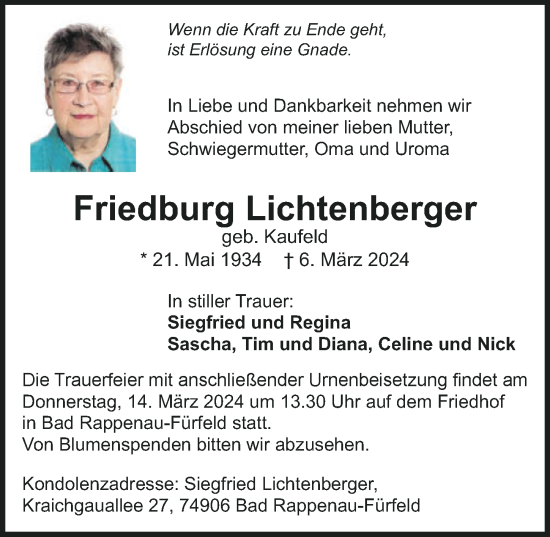 Traueranzeige von Friedburg Lichtenberger von GESAMT