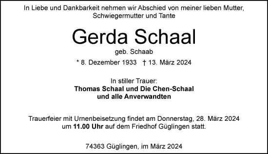 Traueranzeige von Gerda Schaal von GESAMT