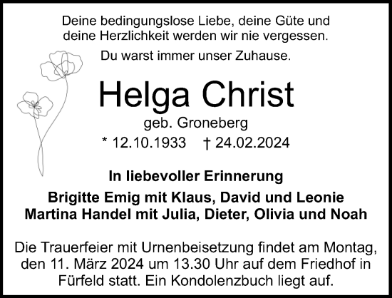 Traueranzeige von Helga Christ von GESAMT