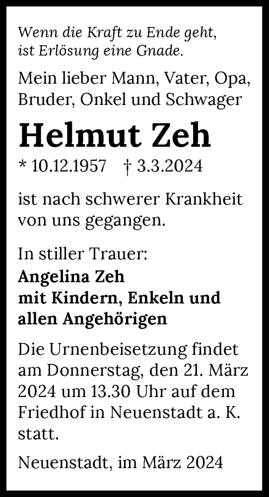 Traueranzeige von Helmut Zeh von GESAMT