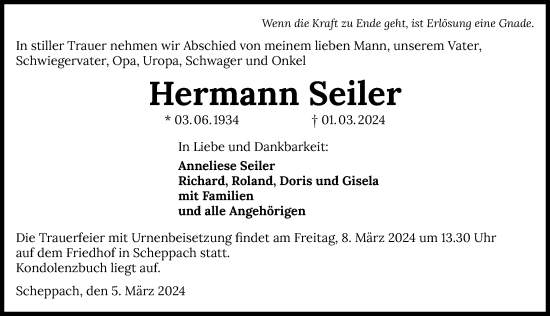 Traueranzeige von Hermann Seiler von GESAMT