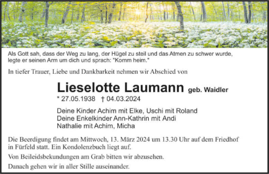 Traueranzeige von Lieselotte Laumann von GESAMT