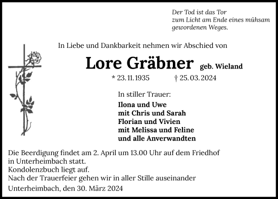 Traueranzeige von Lore Gräbner von GESAMT