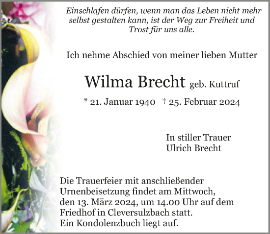 Traueranzeige von Wilma Brecht von GESAMT
