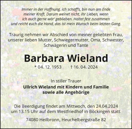 Traueranzeige von Barbara Wieland von GESAMT