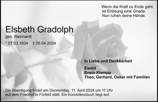 Traueranzeige von Elsbeth Gradolph von GESAMT