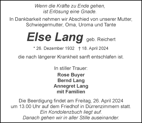 Traueranzeige von Else Lang von GESAMT