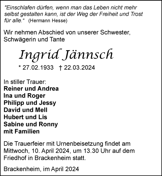 Traueranzeige von Ingrid Jännsch von GESAMT