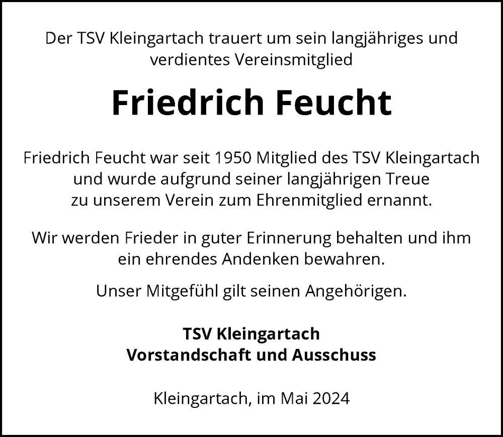  Traueranzeige für Friedrich Feucht vom 18.05.2024 aus GESAMT