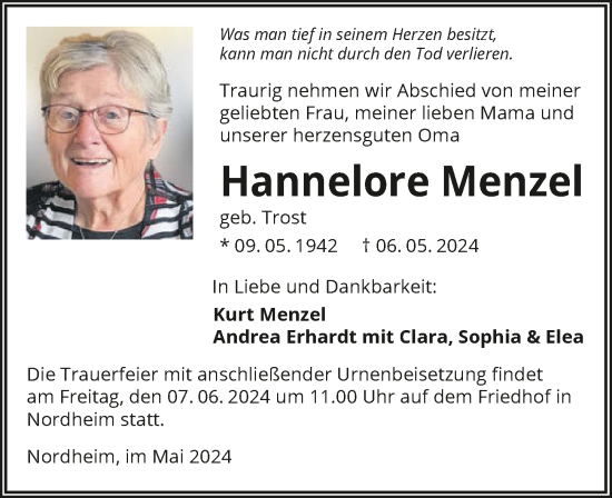 Traueranzeige von Hannelore Menzel von GESAMT