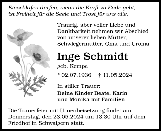 Traueranzeige von Inge Schmidt von GESAMT