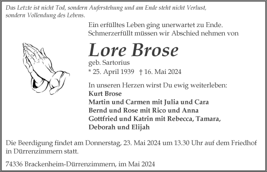 Traueranzeige von Lore Brose von GESAMT