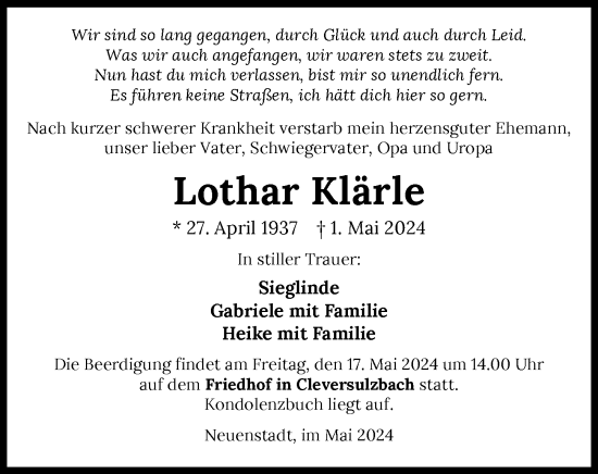 Traueranzeige von Lothar Klärle von GESAMT