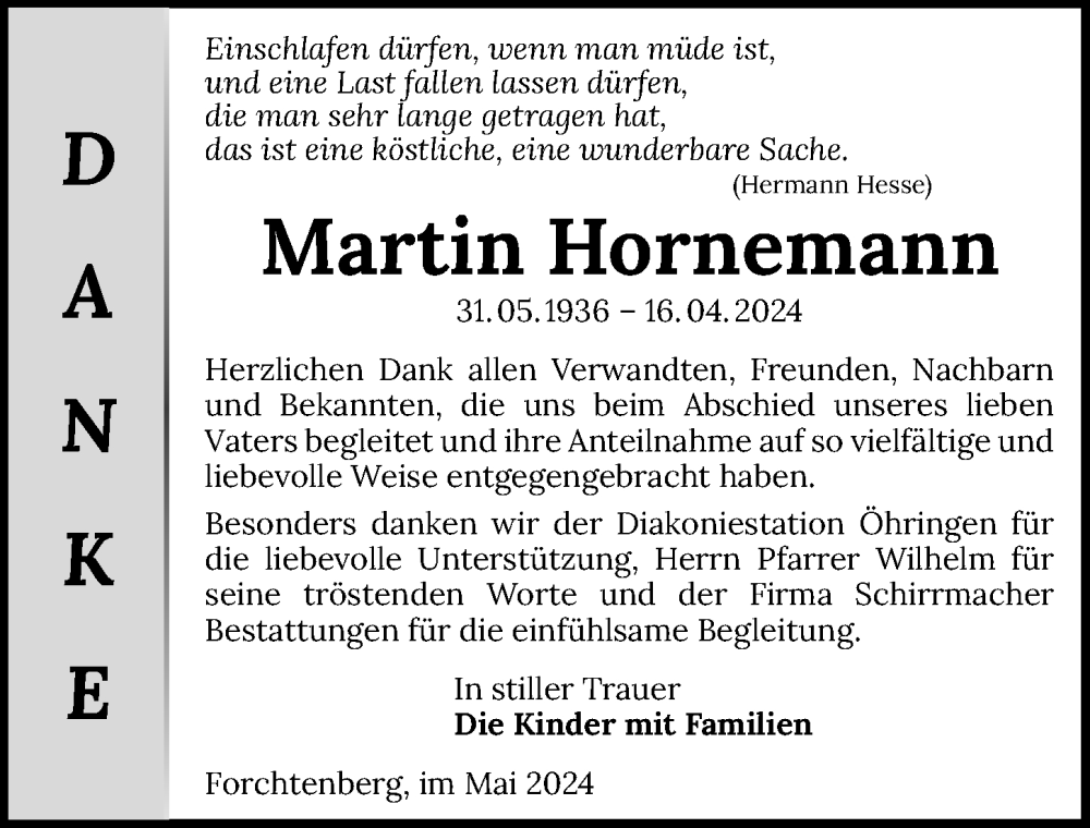  Traueranzeige für Martin Hornemann vom 18.05.2024 aus GESAMT