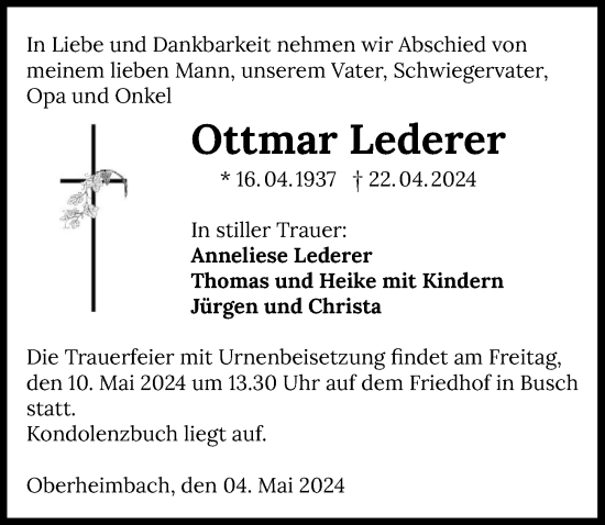 Traueranzeige von Ottmar Lederer von GESAMT