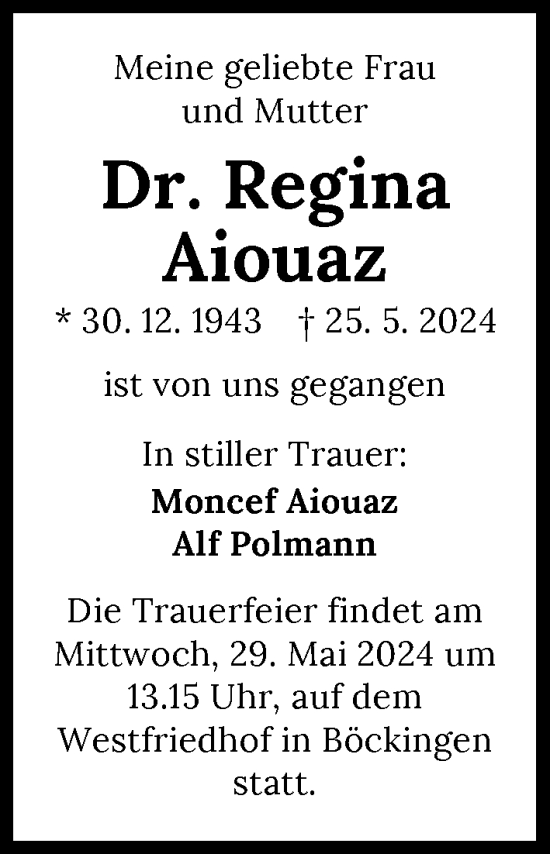 Traueranzeige von Regina Aiouaz von GESAMT