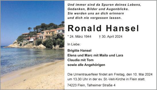 Traueranzeige von Ronald Hansel von GESAMT
