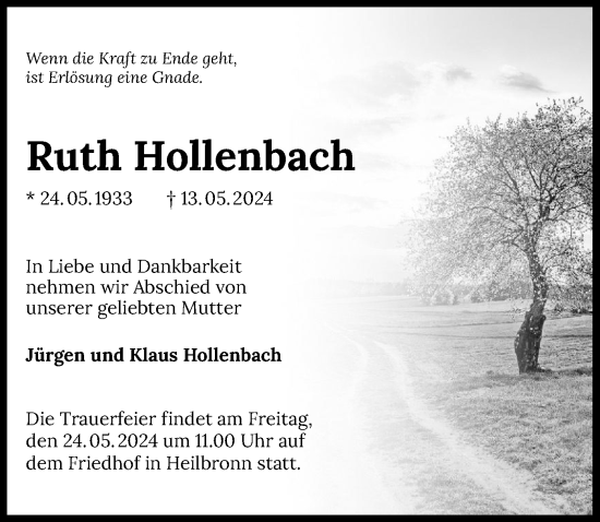 Traueranzeige von Ruth Hollenbach von GESAMT