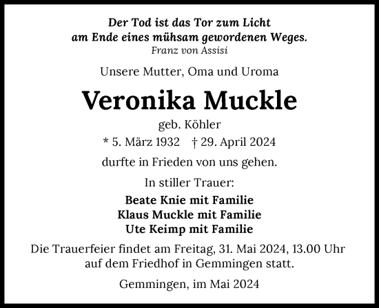 Traueranzeige von Veronika Muckle von GESAMT