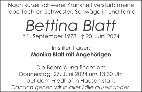 Traueranzeige von Bettina Blatt von GESAMT