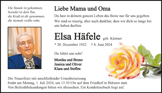 Traueranzeige von Elsa Häfele von GESAMT