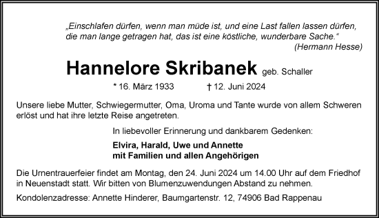 Traueranzeige von Hannelore Skribanek von GESAMT