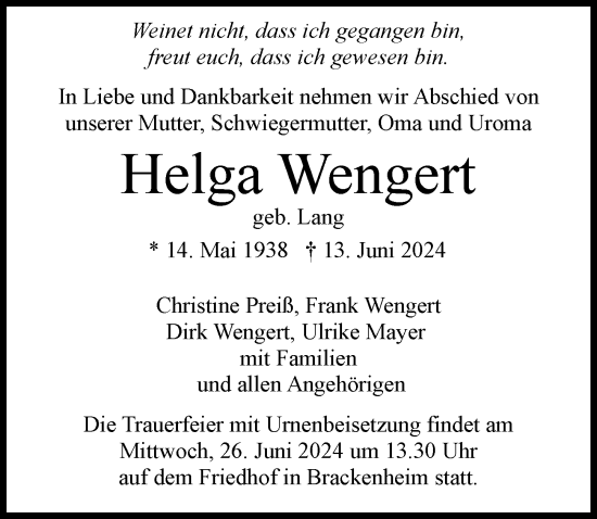Traueranzeige von Helga Wengert von GESAMT