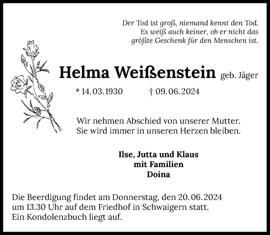 Traueranzeige von Helma Weißenstein von GESAMT