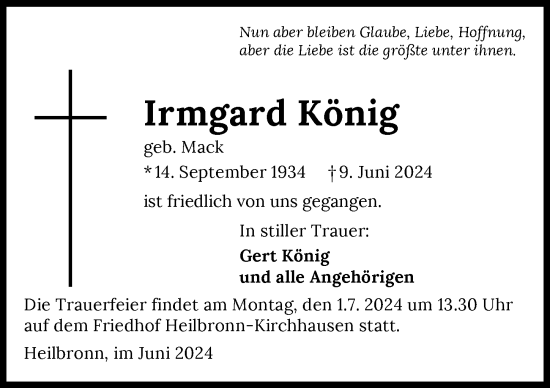 Traueranzeige von Irmgard König von GESAMT