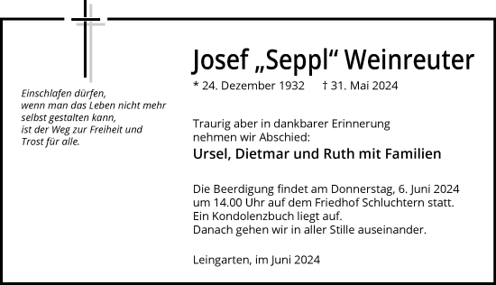 Traueranzeige von Josef Weinreuter von GESAMT