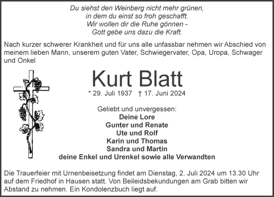 Traueranzeige von Kurt Blatt von GESAMT