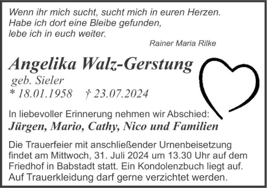 Traueranzeige von Angelika Walz-Gerstung von GESAMT