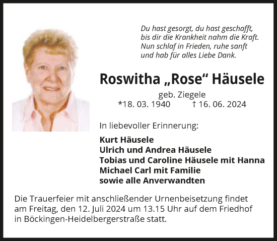 Traueranzeige von Roswitha Häusele von GESAMT