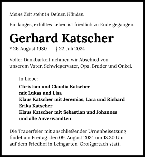Traueranzeige von Gerhard Katscher von GESAMT