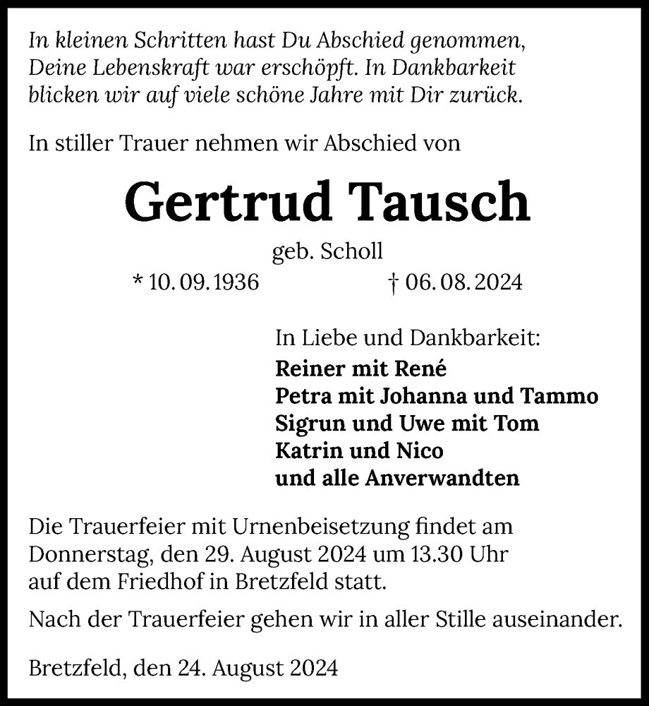  Traueranzeige für Gertrud Tausch vom 24.08.2024 aus GESAMT