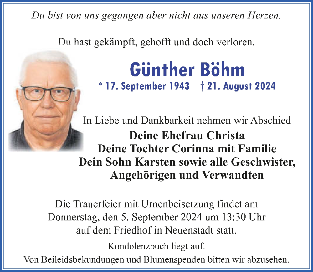  Traueranzeige für Günther Böhm vom 31.08.2024 aus GESAMT