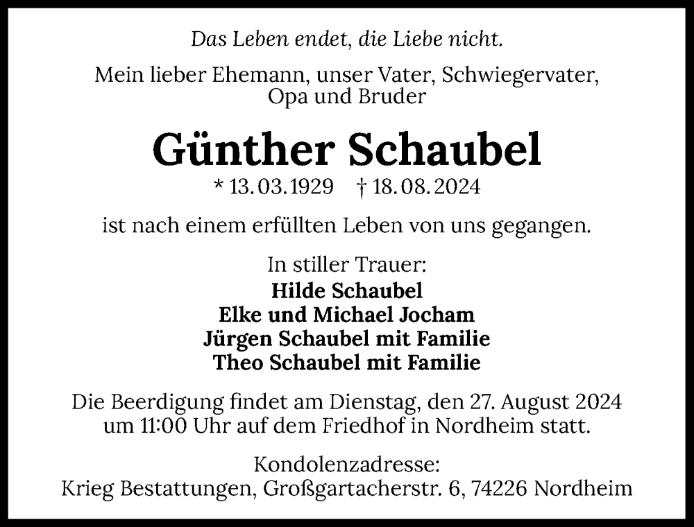  Traueranzeige für Günther Schaubel vom 22.08.2024 aus GESAMT