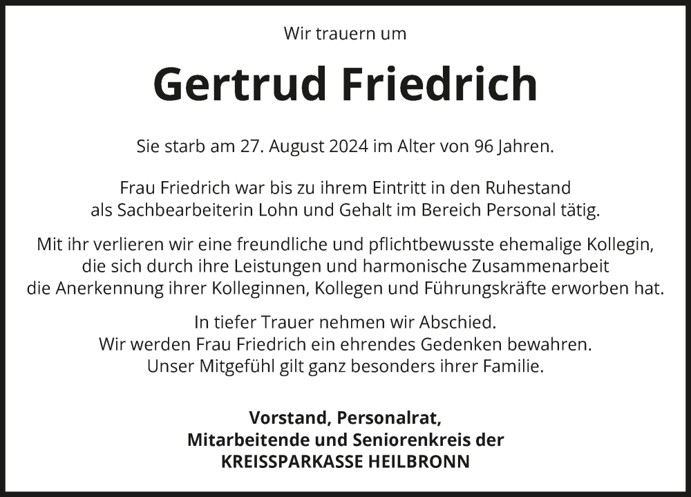  Traueranzeige für Gertrud Friedrich vom 19.09.2024 aus GESAMT