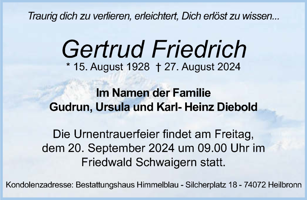  Traueranzeige für Gertrud Friedrich vom 14.09.2024 aus GESAMT